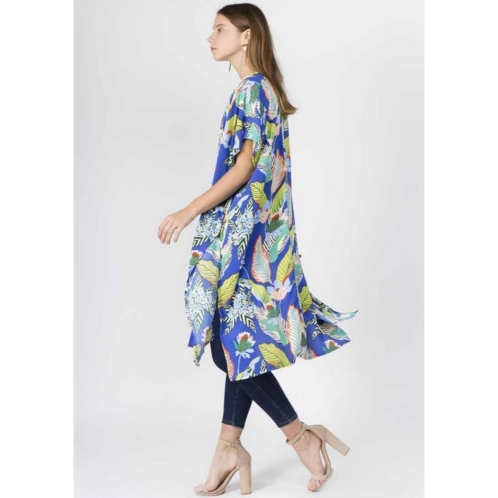 {Gear} Womens Vintage Leaf Print Long Front Tie Caftan Cardigan Dress  - Size 2X